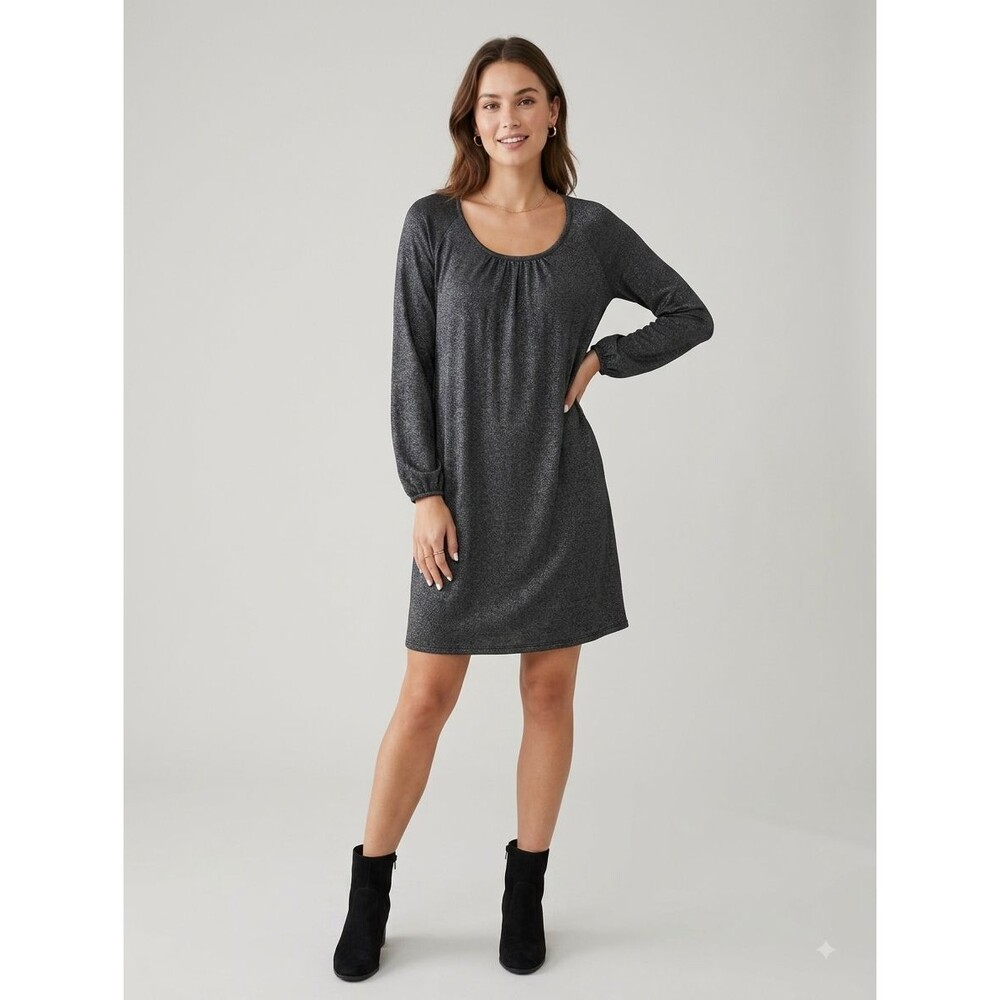 Three Dots Metallic Charcoal Shimmer Mini Dress Large Long Sleeve Scoop Neck USA